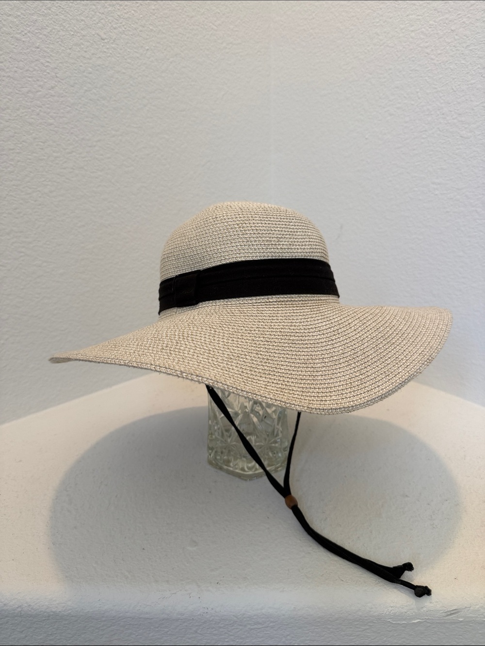 Solar Escape Wide Brim Packable Sun Hat Beige Black Ribbon Chin Strap